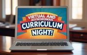a laptop computer on a desk that has a message that says 'Virtual and Asynchronous Curriculum Night!'